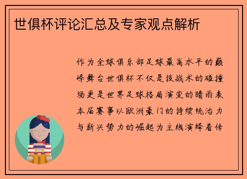 世俱杯评论汇总及专家观点解析
