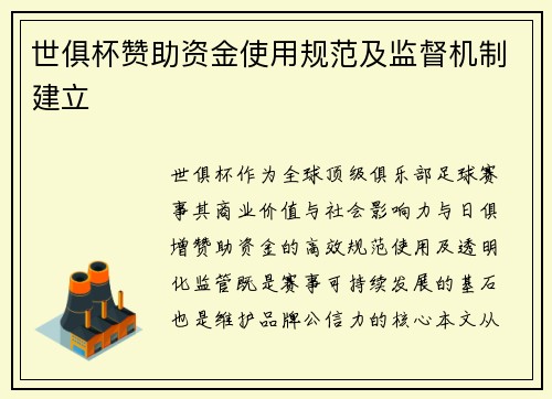 世俱杯赞助资金使用规范及监督机制建立